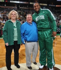 In honor of National Adoption Month, Boston Celtics forward Glen Davis and MSPCC presented foster and adoptive parent Sue Dwyer from Littleton, Mass., with the Heroes Among Us Award at the team’s home game.